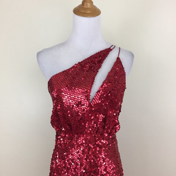 NWT ZARA Red Embellished Sequined Asymmetric Double Strap Front Lined Dress - Picture 6 of 8
